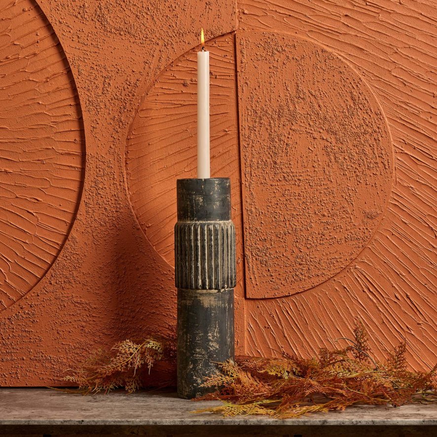 Woods Centre Straight Lines Wooden Candle Holder in Grey Mud - Large