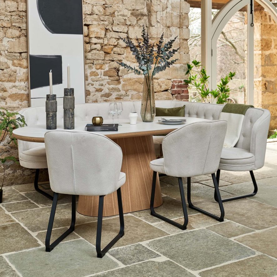 Woods Sutton 200cm Dining Table - Ash with Frampton Corner Bench LHF & 2x Frampton Chairs in White