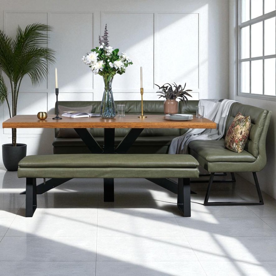Woods Soho 200cm Dining Table with Industrial Corner Bench & Bench Seat in Olive