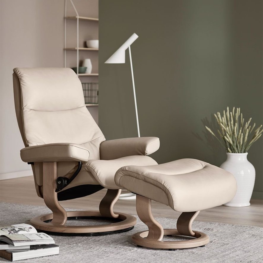 Stressless View Recliner With Classic Base And Footstool Large In Fabric