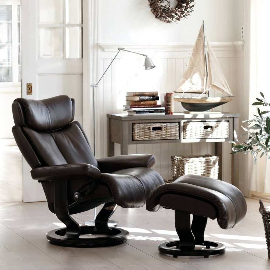 Stressless Magic Recliner With Classic Base And Footstool Large In Noblesse Leather