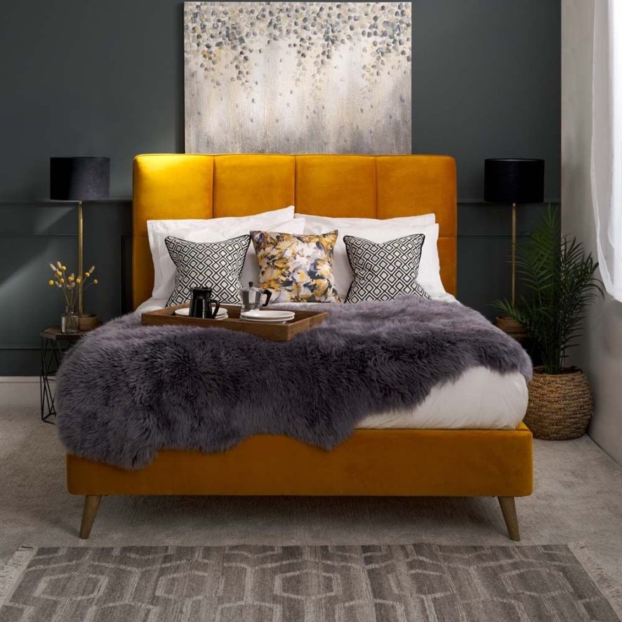 Daisy Velvet Bed Double - Mustard | Velvet Bed Double - Mustard - Woods ...