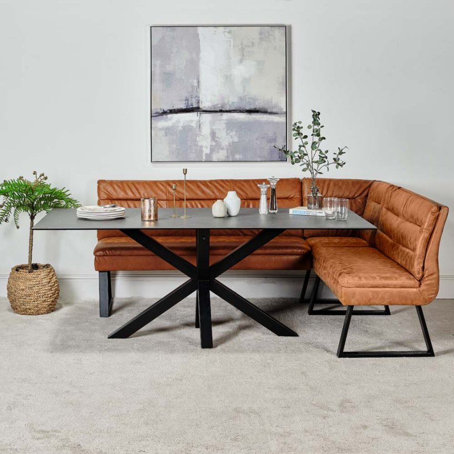 Eastcote Black Dining Table 200cm And Industrial Tan Corner Bench