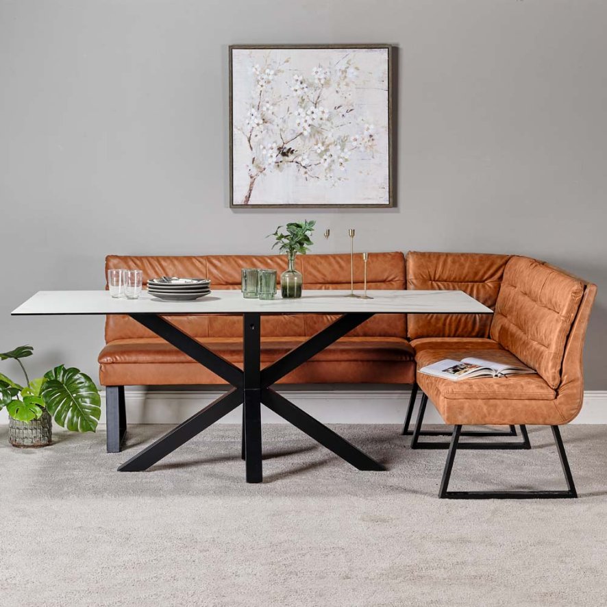 Eastcote White Dining Table 200cm And Industrial Tan Corner Bench