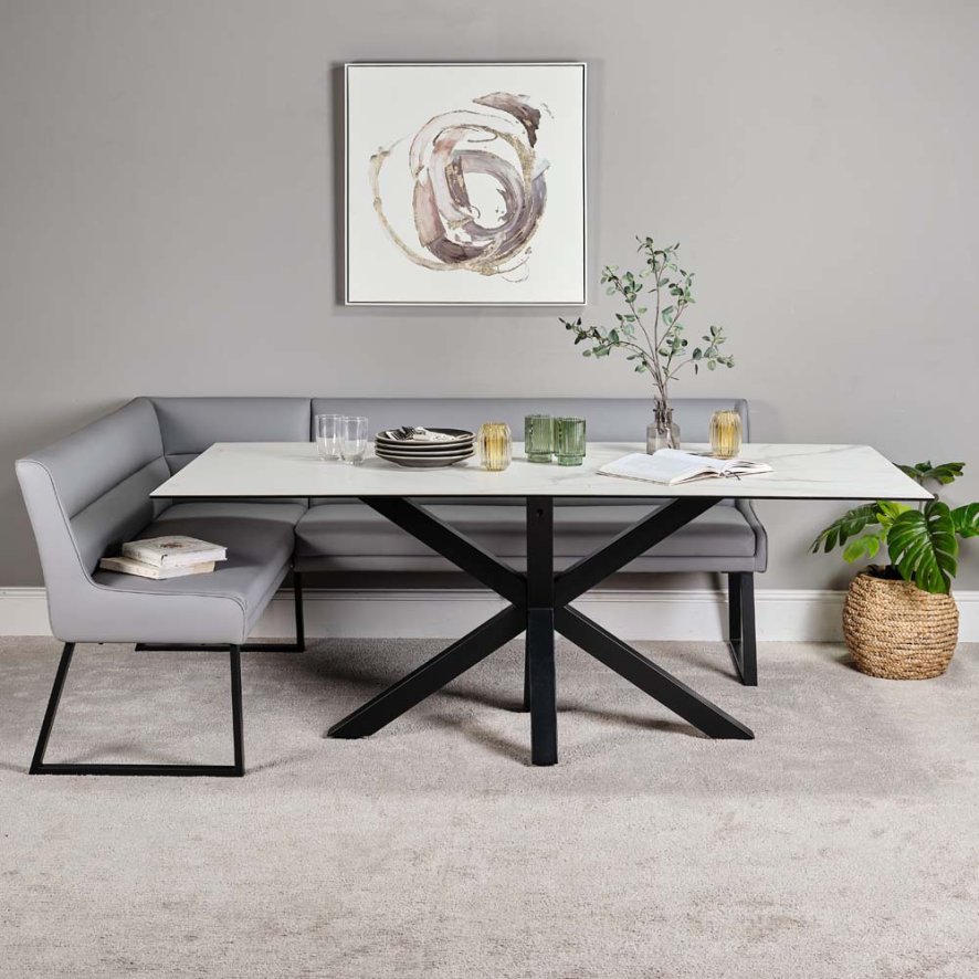 Eastcote White Dining Table 200cm And Paulo Right Hand Facing Bench Grey