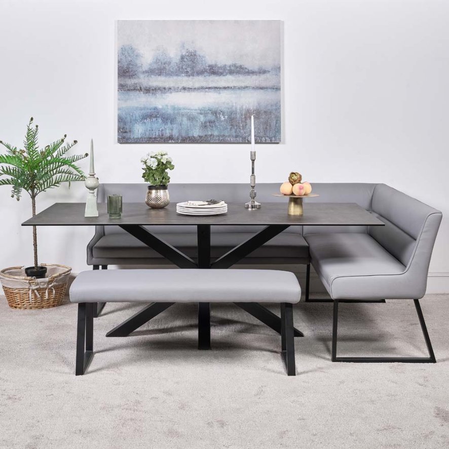 Eastcote Black 200cm Dining Table And Paulo Corner Bench Paulo Low Bench Grey