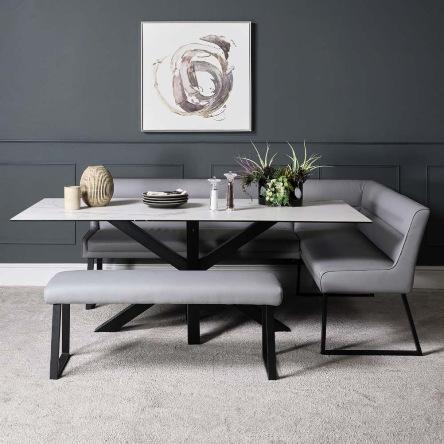 Eastcote White 200cm Dining Table And Paulo Corner Bench Paulo Low Bench Grey