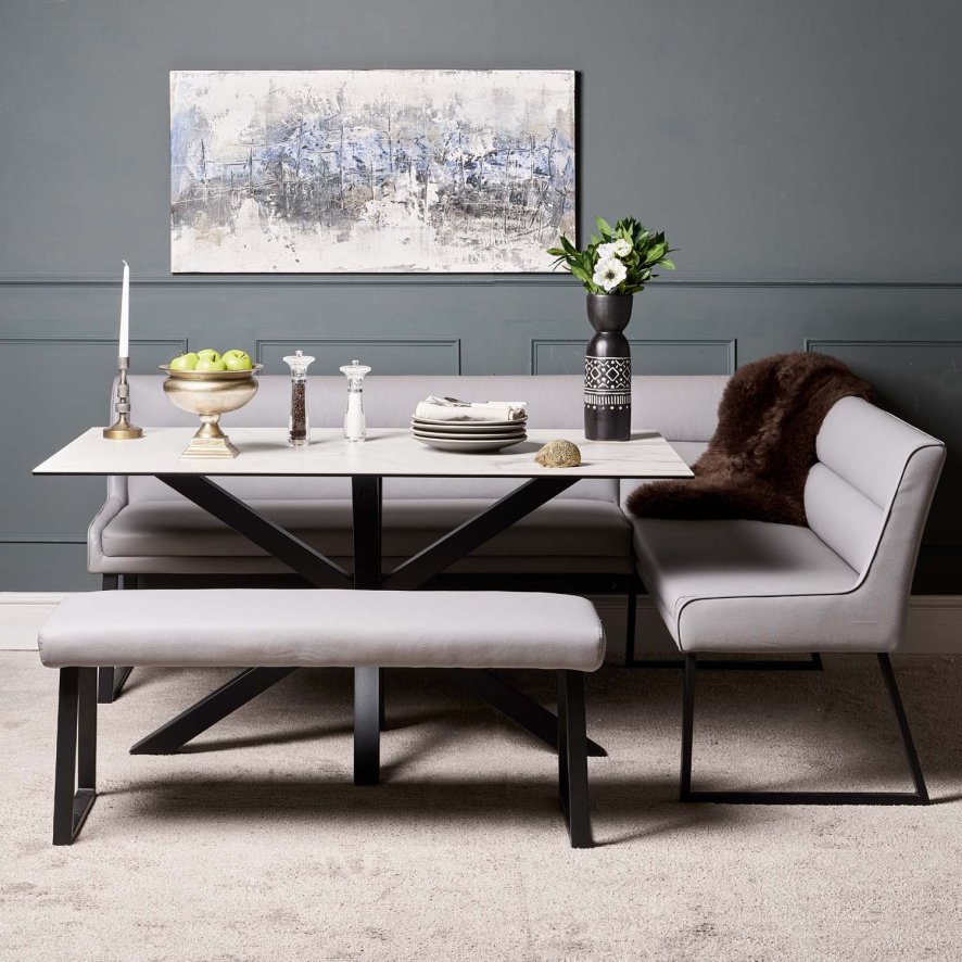 Eastcote White 150cm Dining Table And Paulo Corner Bench Lhf And Low Bench Grey