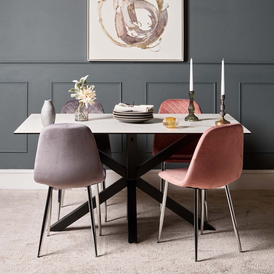 Eastcote White 150cm Dining Table And Archie Chrome Leg Dining Chairs Pinkgrey