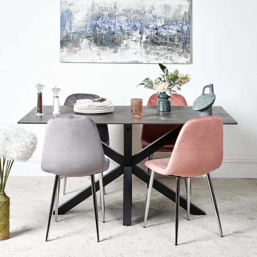Eastcote Black 150cm Dining Table And Archie Chrome Leg Dining Chairs Pinkgrey